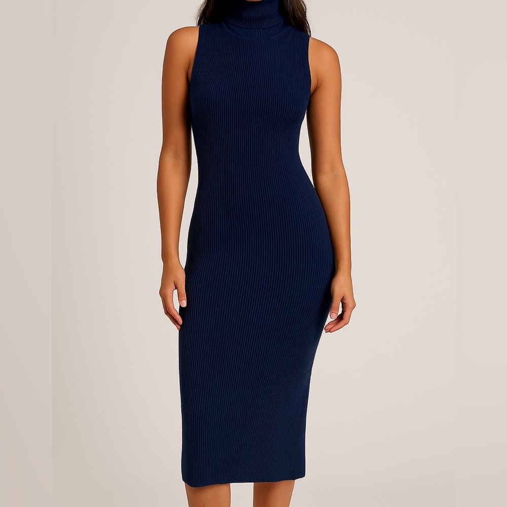Moda International Navy Blue Ribbed Sleeveless Turtleneck Midi Dress Size S
